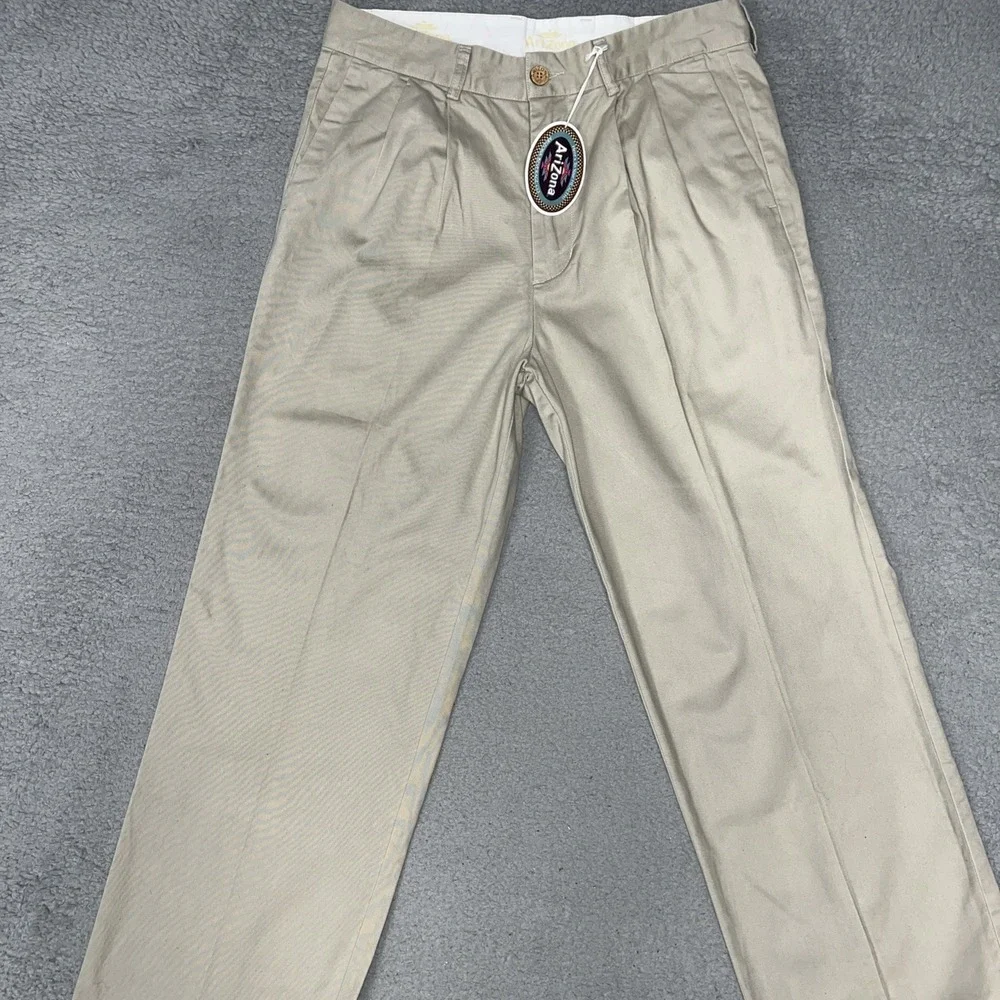 NWT Arizona Pants Mens 34 x 37 Beige Chino Pleated Straight Raw Hem Trousers VTG